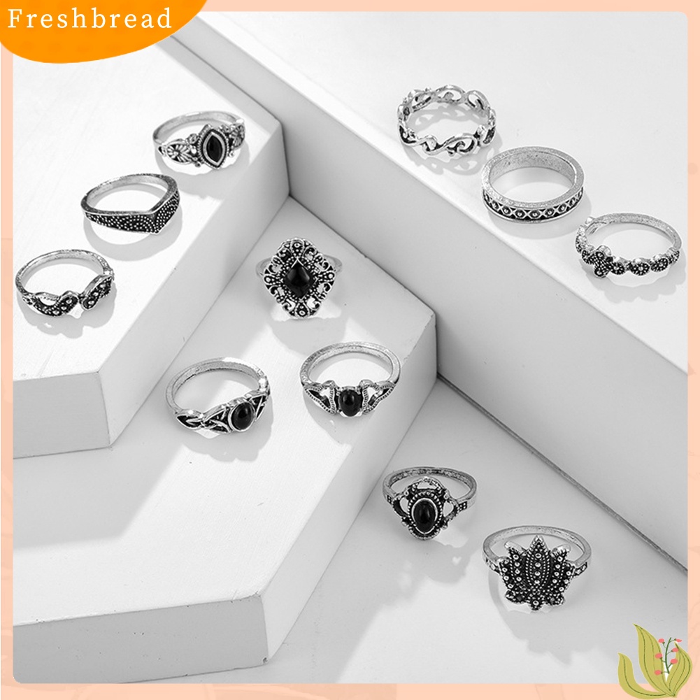 &lt; Freshbread &gt; 11Pcs Wanita Faux Gemstone Ukiran Hollow Waterdrop Lotus Finger Rings Perhiasan