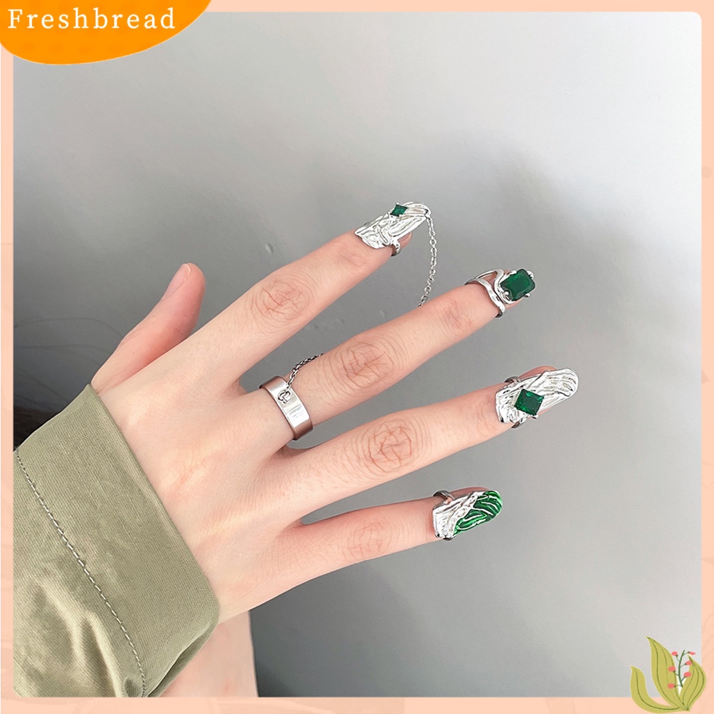 &lt; Freshbread &gt; 4Pcs Cincin Kuku Permata Imitasi Hijau Dress Up Perhiasan Pembukaan Adjustable Finger Rings Untuk Club