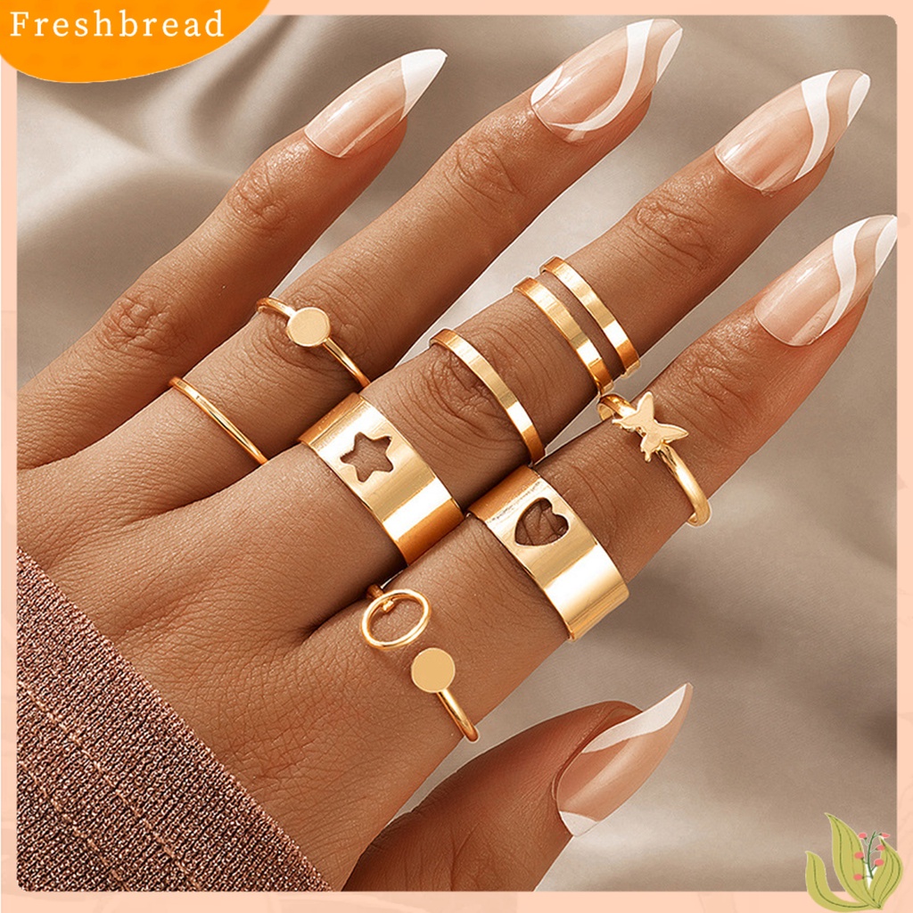 &lt; Freshbread &gt; 8Pcs Cincin Buku Jari Hati Kupu-Kupu Bintang Berlapis Stackable Unisex Rings Perhiasan Aksesoris