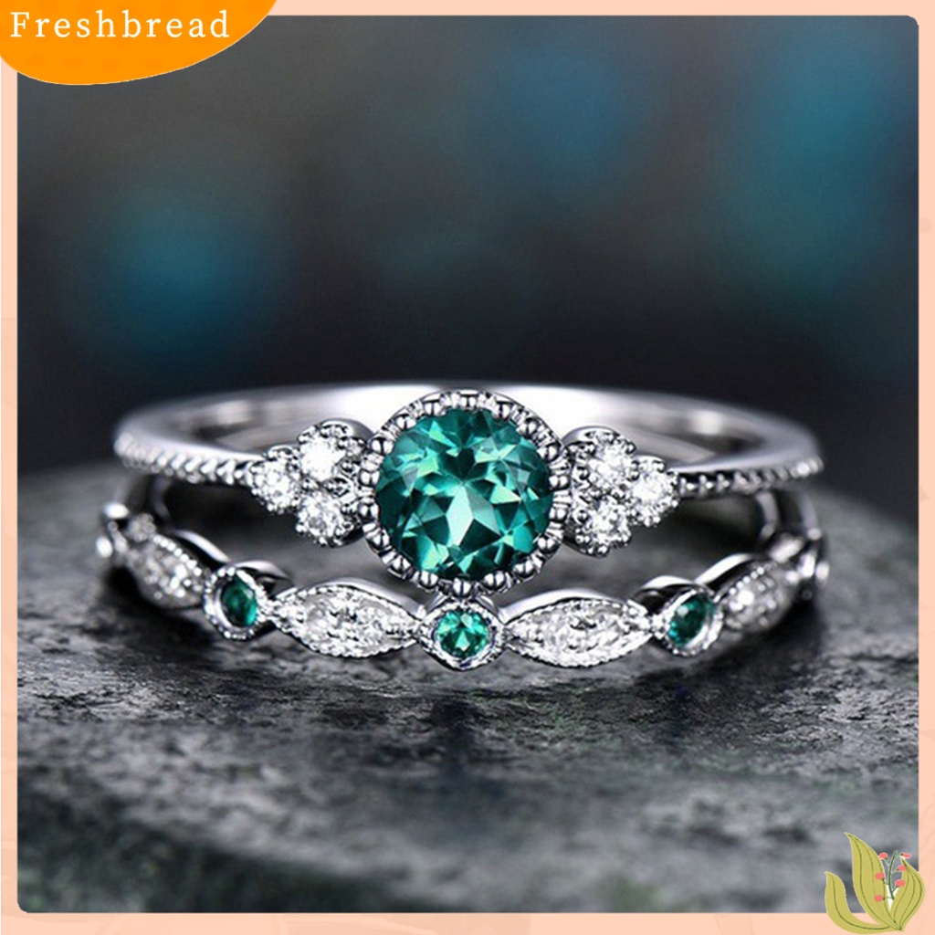 &lt; Freshbread &gt; 2 Pcs Cincin Tunangan Geometris Hijau Cubic Zirconia Wanita Berkilau Indah Jari Cincin Aksesoris Perhiasan