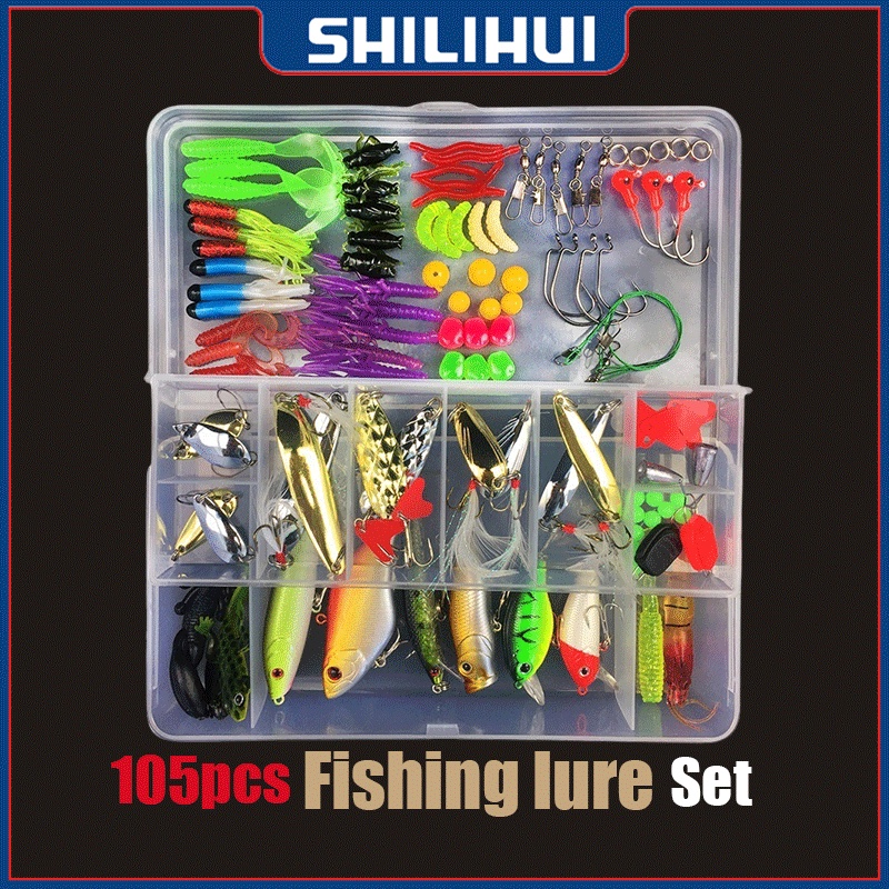 106pcs Set Umpan Pancing Fishing Tackle Box Soft Plastic Lure Umpan Campur Set Aksesoris Umpan Pancing