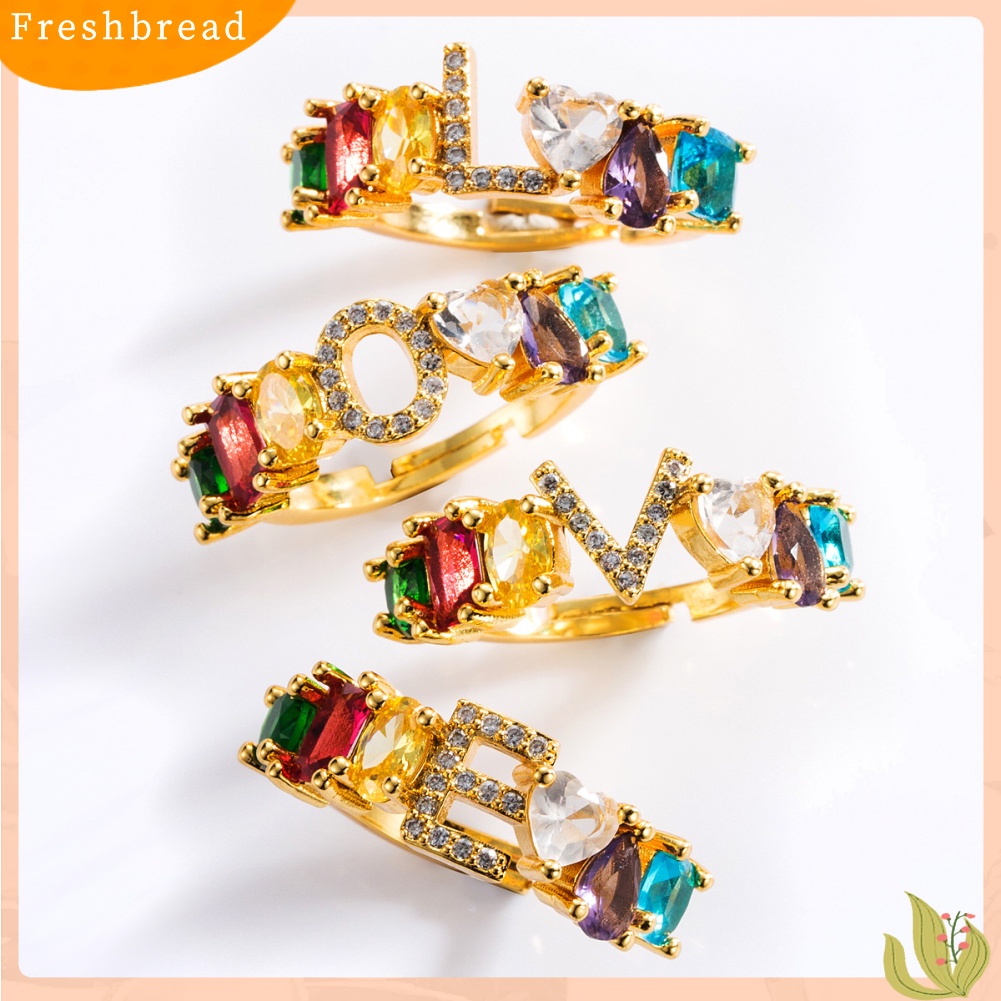 &lt; Freshbread &gt; Unisex Rainbow Cubic Zirconia Bertatahkan Surat Terbuka Cincin Adjustable Perhiasan Hadiah