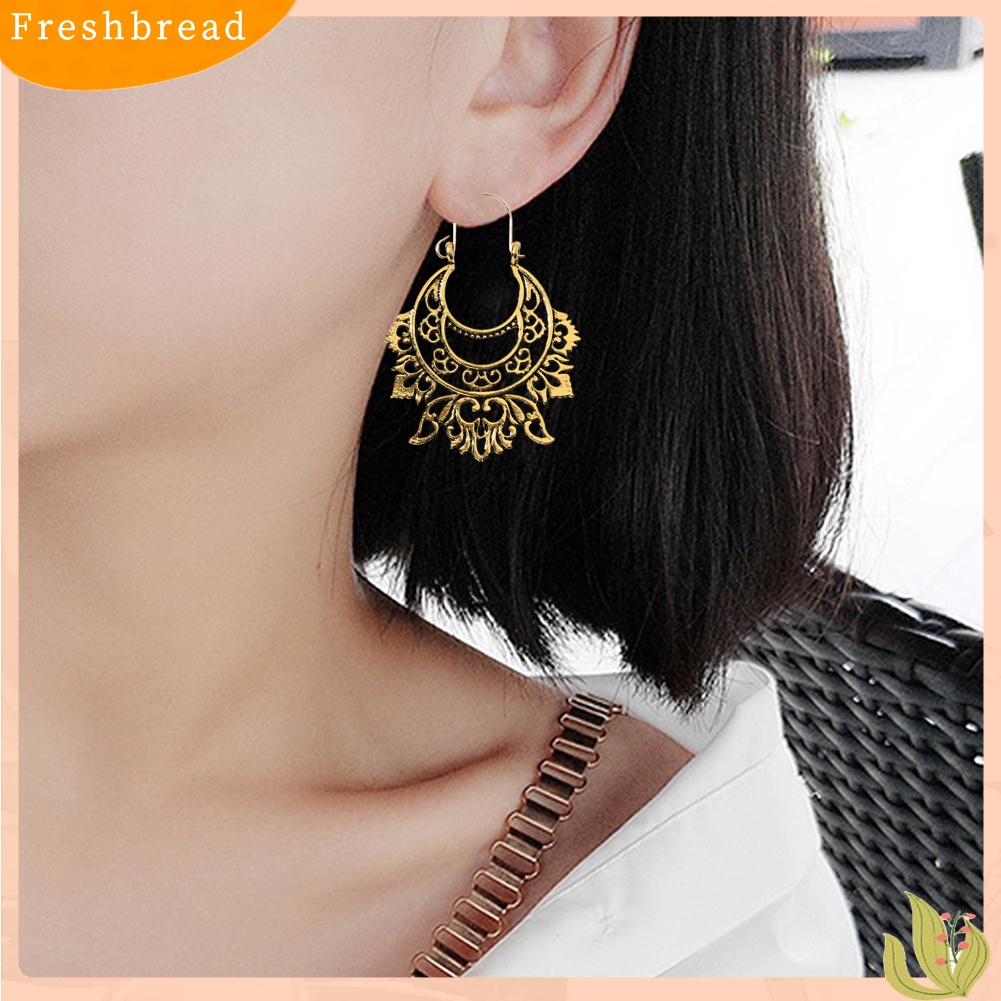 &lt; Freshbread &gt; Vintage Wanita Setengah Lingkaran Berongga Keluar Terukir Berlebihan Anting Perhiasan Hadiah