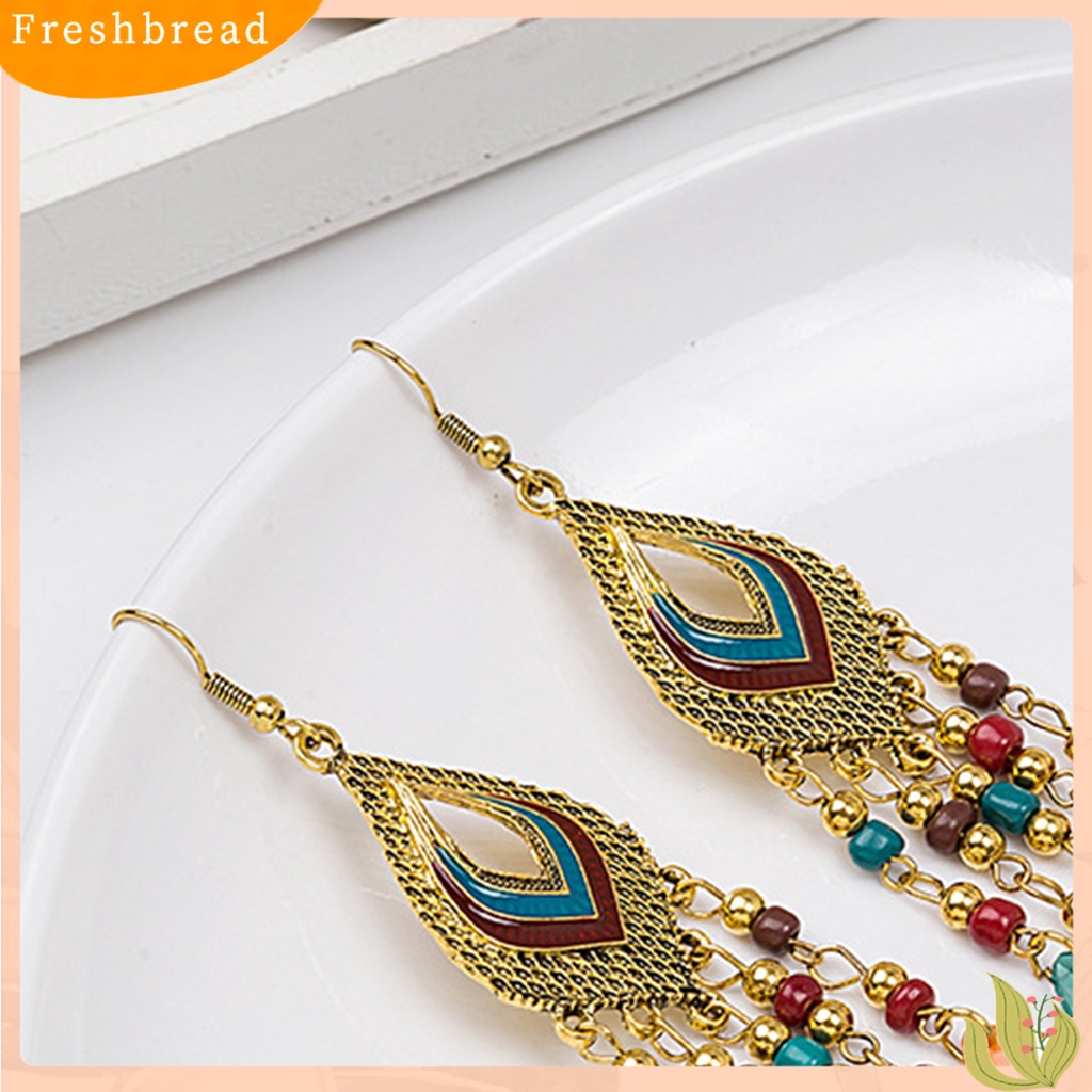 &lt; Freshbread &gt; 1pasang Anting Drop Gaya Cina Hias All-match Bohemian Vintage Hollow Anting Manik-Manik Panjang Untuk Pacaran