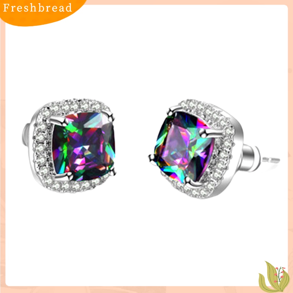 < Freshbread > 1pasang Anting Wanita Pengerjaan Halus Mewah Geometris Mata-catching Tahan Luntur Telinga Liontin Aksesori Wanita Rainbow Square Earrings Untuk Pesta