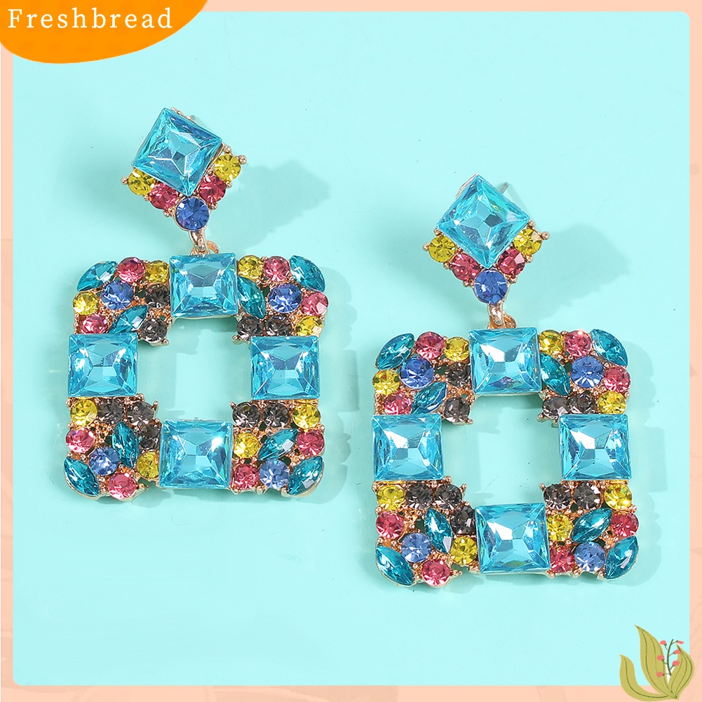 &lt; Freshbread &gt; Wanita Geometris Persegi Multicolor Berlian Imitasi Eardrop Statement Stud Earrings Hadiah