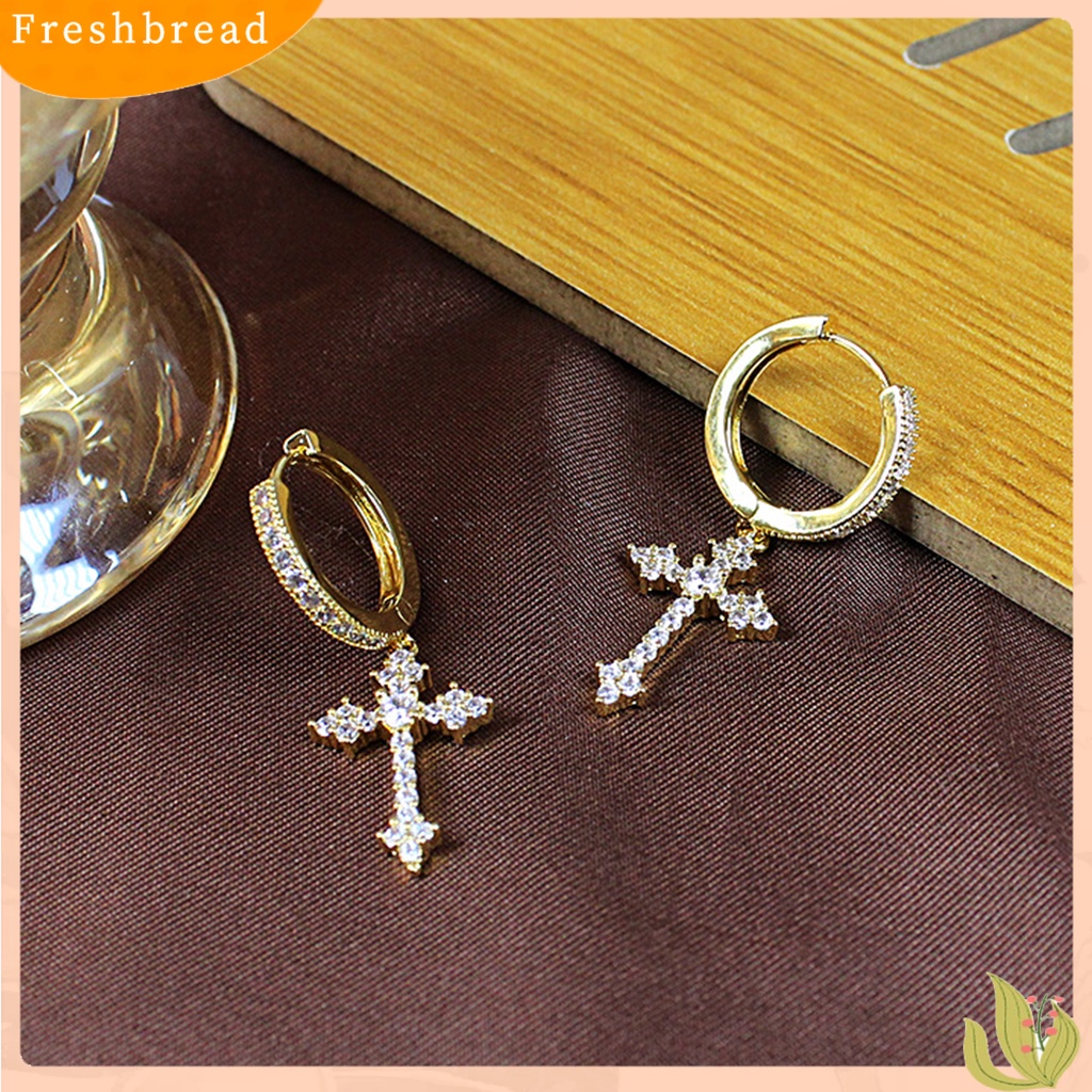 &lt; Freshbread &gt; 1pasang Wanita Menjuntai Anting Besar Lengket Berkilau Cubic Zirconia Bentuk Salib Drop Earrings Hadiah Ulang Tahun