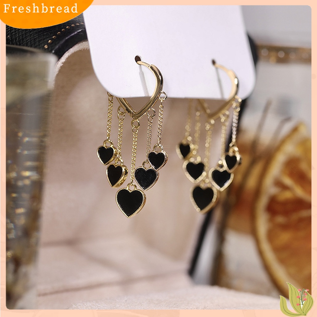 &lt; Freshbread &gt; 1pasang Anting Menjuntai Gaya Korea Elegan Temperamen Paduan Hati Hitam Wanita Drop Earrings Fashion Jewelry