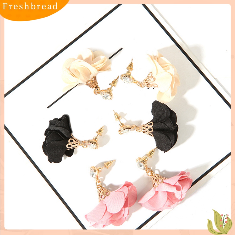 &lt; Freshbread &gt; Vintage Kain Bunga Berlian Imitasi Liontin Anting Wanita Ear Studs Dekorasi Pesta