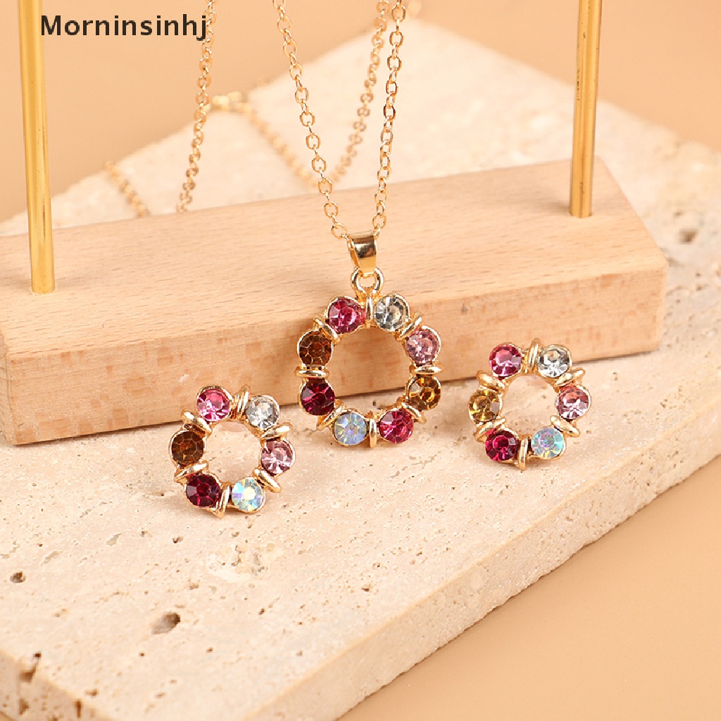 Mornin Set Kalung Anting Kristal Berlian Imitasi Warna-Warni Untuk Wanita Warna Bulat Batu Pernyataan Perhiasan Hadiah Set Dekorasi Pesta id