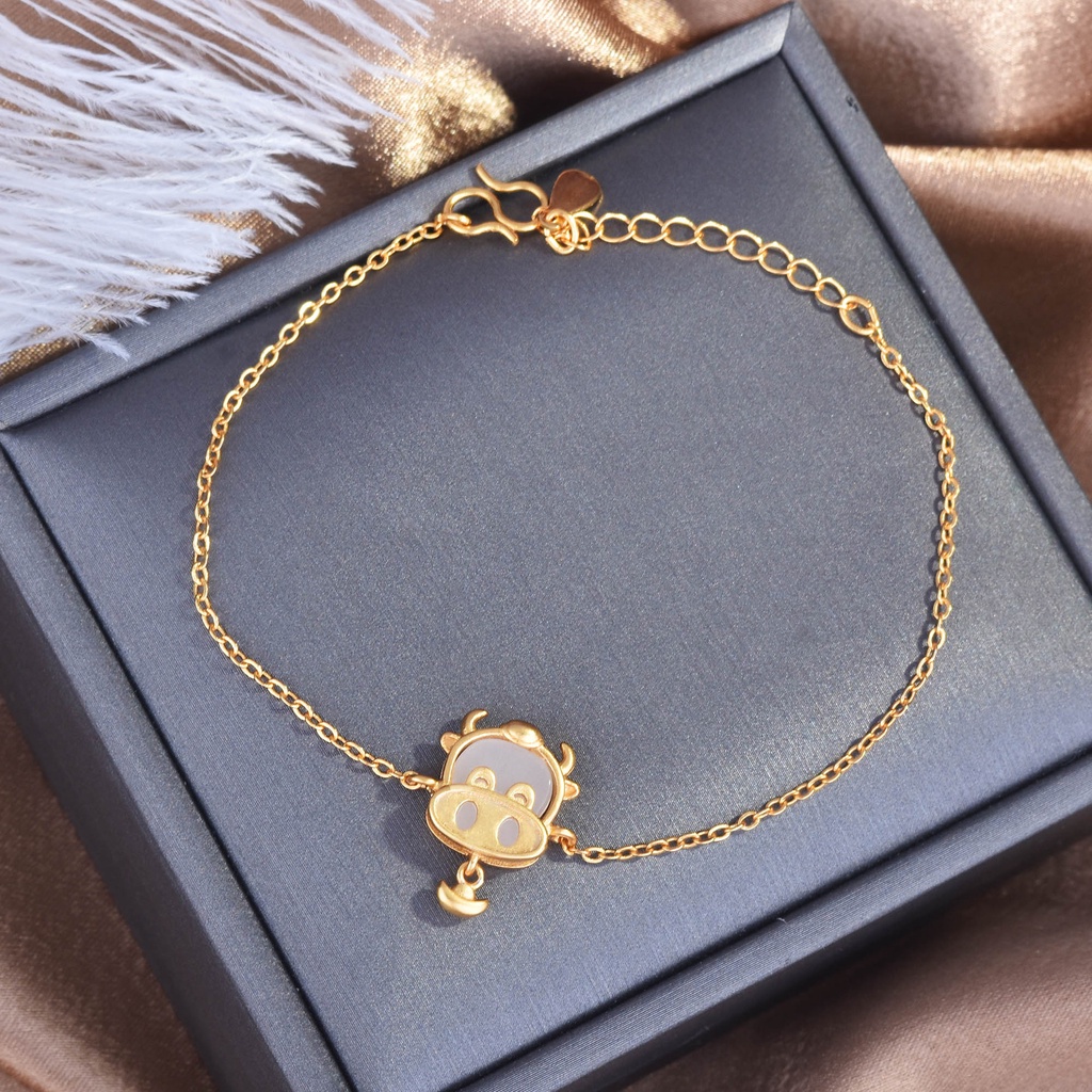 Goldkingdom Fashion Perhiasan Aksesoris Ready Stock Retro Giok Liontin Emas Ingot Kalung Dan Hetian Giok Giok Gelang Giok Putih Sapi Lucu Rantai Klavikula Set