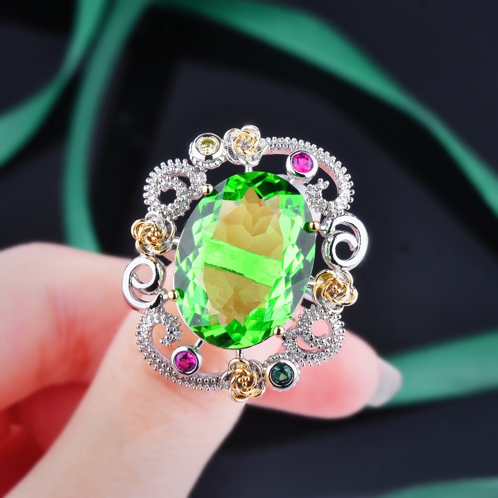 Goldkingdom Fashion Perhiasan Aksesoris Ready Stock Itali Vintage Warna Ganda Emas Olivine Set Gaya Pengadilan Rumbai Kalung Anting Panjang Harta Karun Warna-Warni Terbuka Cincin