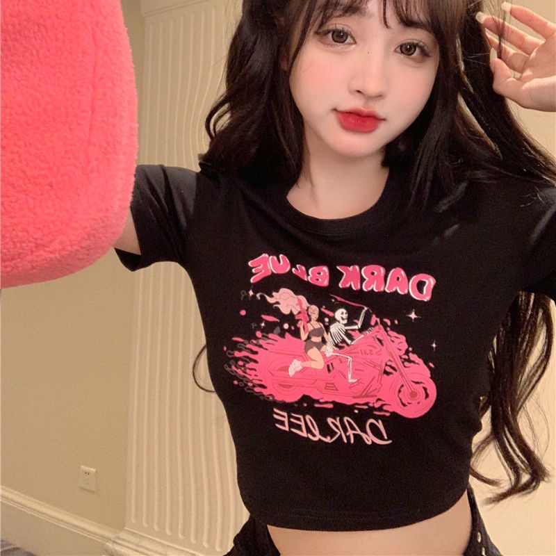 Red Musim panas chic chic cetak kartun lengan pendek t-shirt perempuan rasa desain ceruk keinginan murni hot gadis bocor pusar pendek top