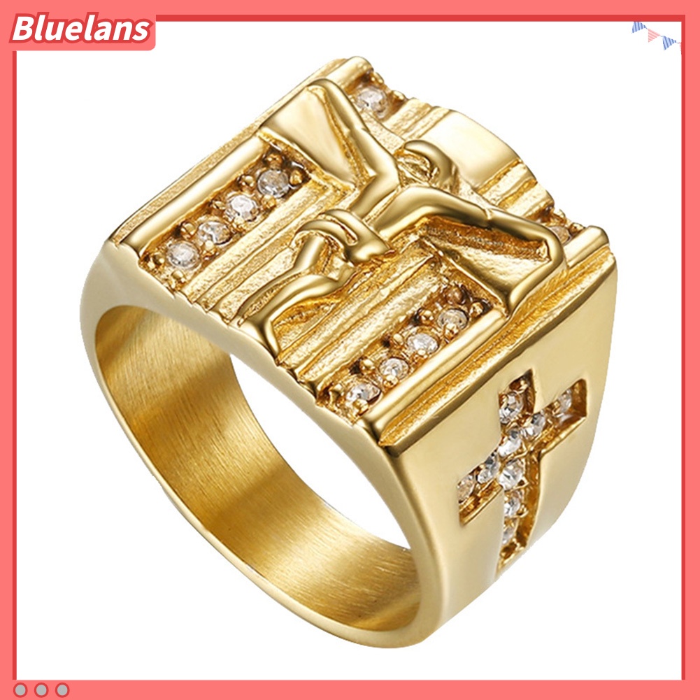 {In Stock} Chic Salib Yesus Ukir Cubic Zirconia Bertatahkan Cincin Unisex Perhiasan Pernikahan Hadiah