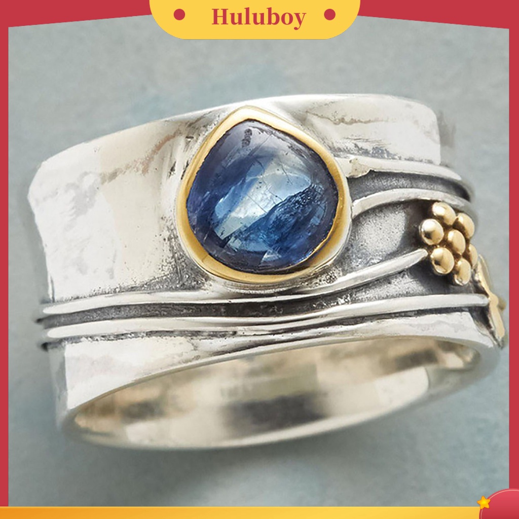 {Ready Stock} Cincin Vintage Two-tone Sederhana Statement Biru Permata Imitasi Daun Bunga Jari Cincin Perhiasan Aksesoris