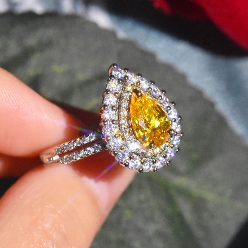 Goldkingdom Aksesoris Perhiasan Fashion Ready Stock Platinum Disepuh Moissan-Berbentuk Teardrop Group Set Cincin Pertunangan Berlian Droplet Berlian Kuning Wanita Ring