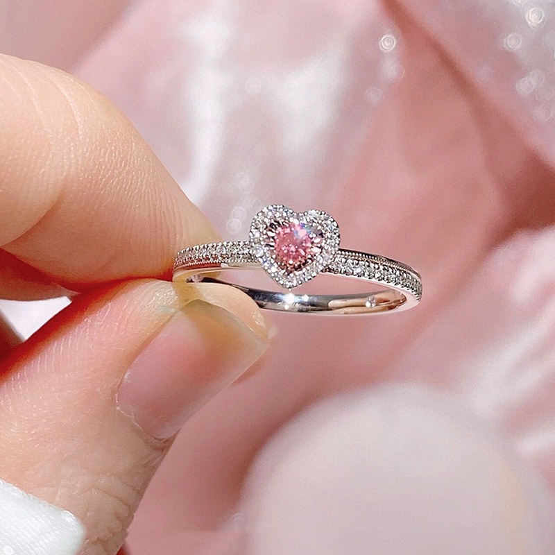 Wanita Fashion Merah Muda Jantung Cincin Zirkon Berlian Imitasi Cincin