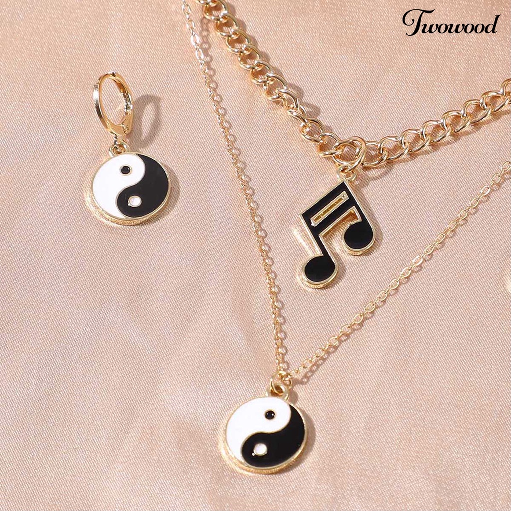 Twowood Set Kalung Elegan Pengerjaan Halus Paduan Musik Note Set Anting Lapisan Ganda Untuk Harian