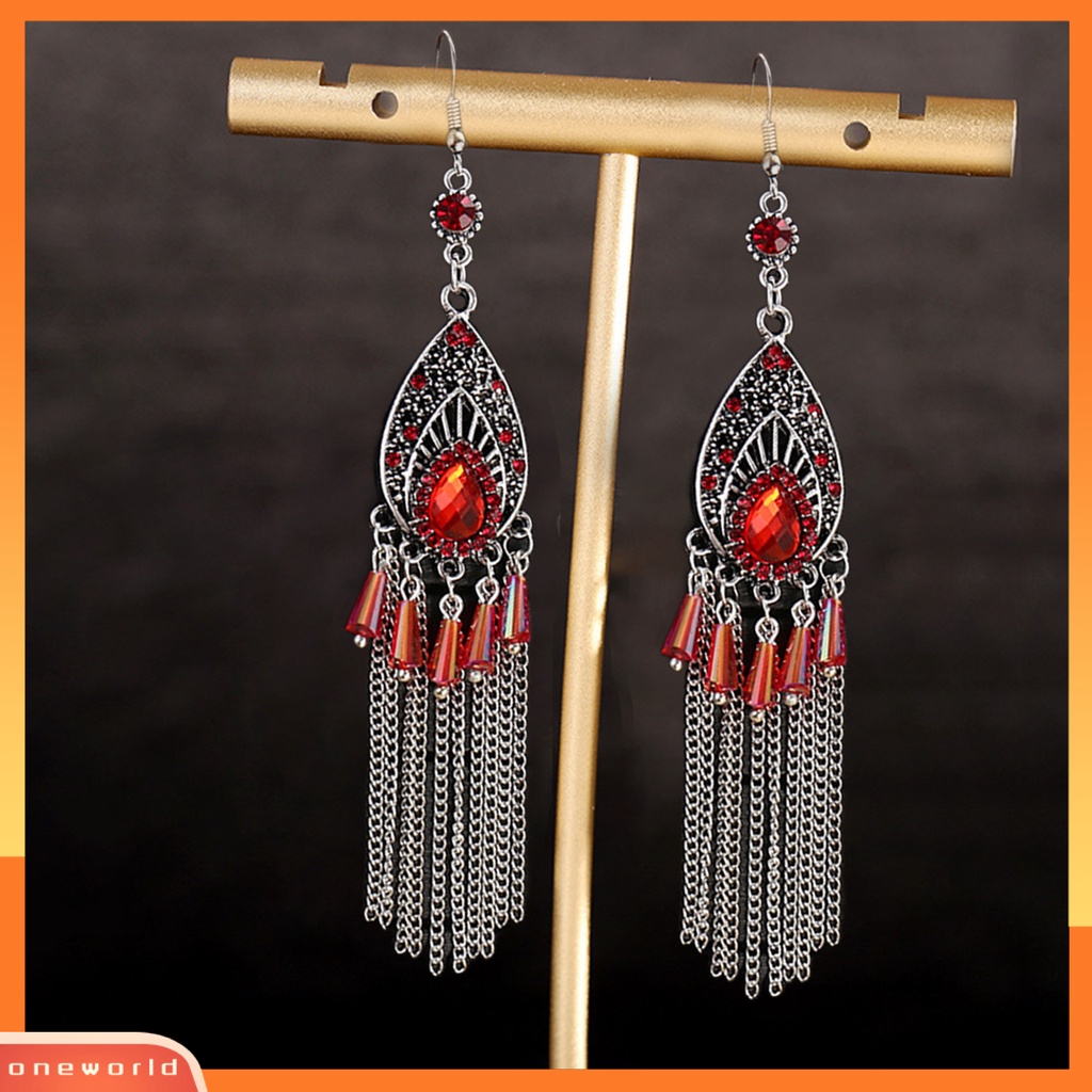 [OWR] 1pasang Wanita Anting Drop-shaped Rumbai Panjang Hias Berlian Imitasi Tahan Keringat Anti Karat Gaya Cina Drop Earrings Fashion Perhiasan
