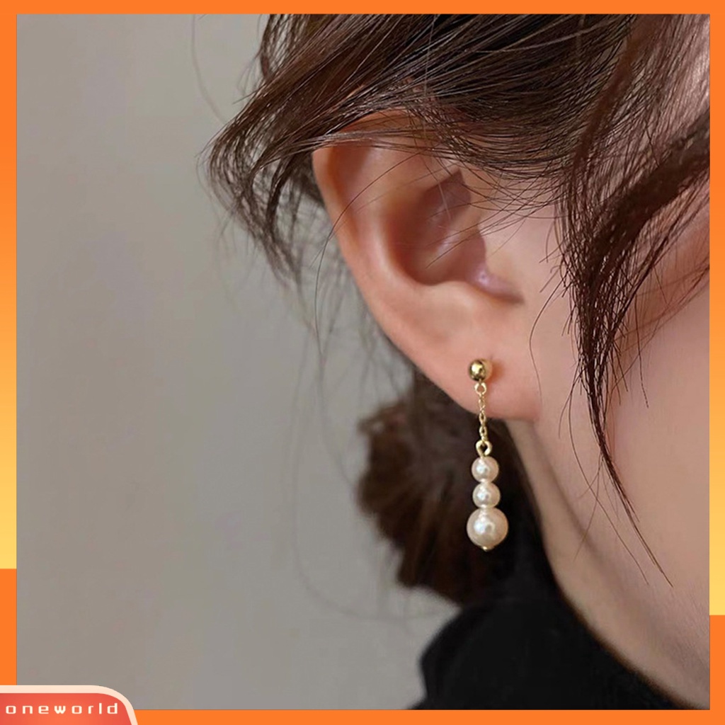 [OWR] 1pasang Anting Pejantan Dainty Elegan Golden Hypoallergenic High Gloss Mutiara Imitasi Rumbai Menjuntai Anting Fashion Perhiasan