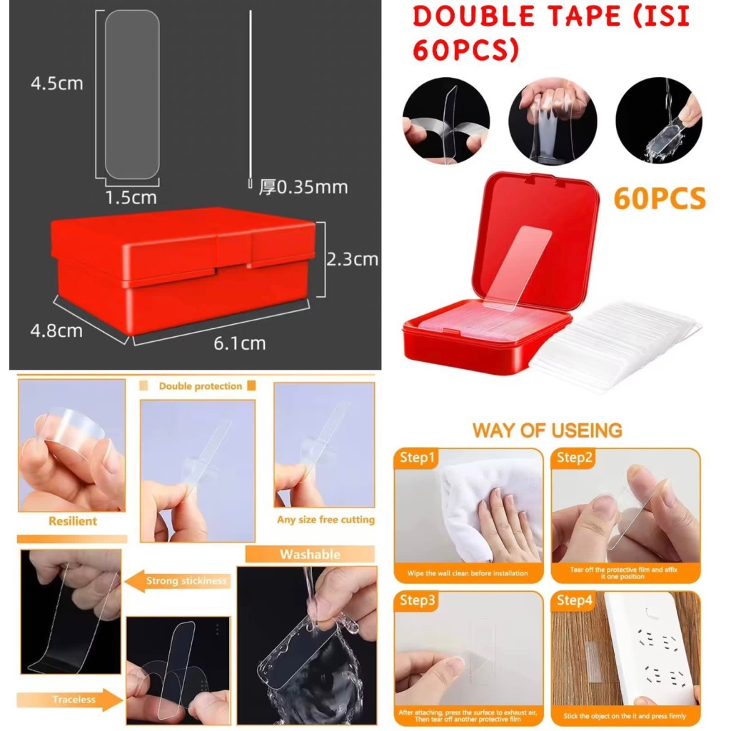 MAGIC NANO TAPE Double Side 1M/3M/5M Super Tebal Transparant/Double Tape Mini isi 60pcs 1 Box Reusable Remax
