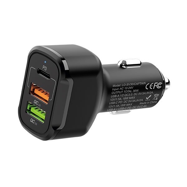 LOG ON CAR CHARGER 3PORT USB LO-SV30 PD+QC3.0 (KEPALA CHARGER MOBIL