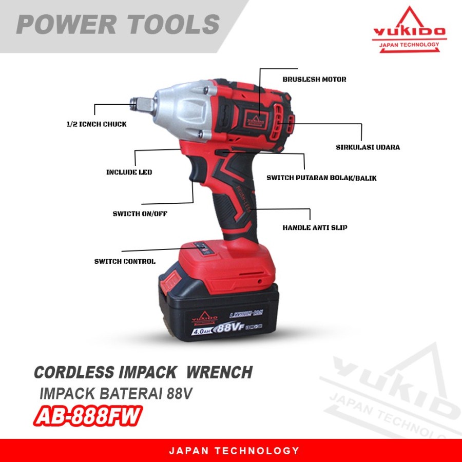 PROMO!!!! MESIN BOR CORDLESS 88VOLT YUKIDO IMPACT WRENCH 88V power tools Buka Baut Cordless impact wrench Brushless 88V 1&amp;2 Baterai / Impact batre / Impact JLD / Impact  / Impact Batterai