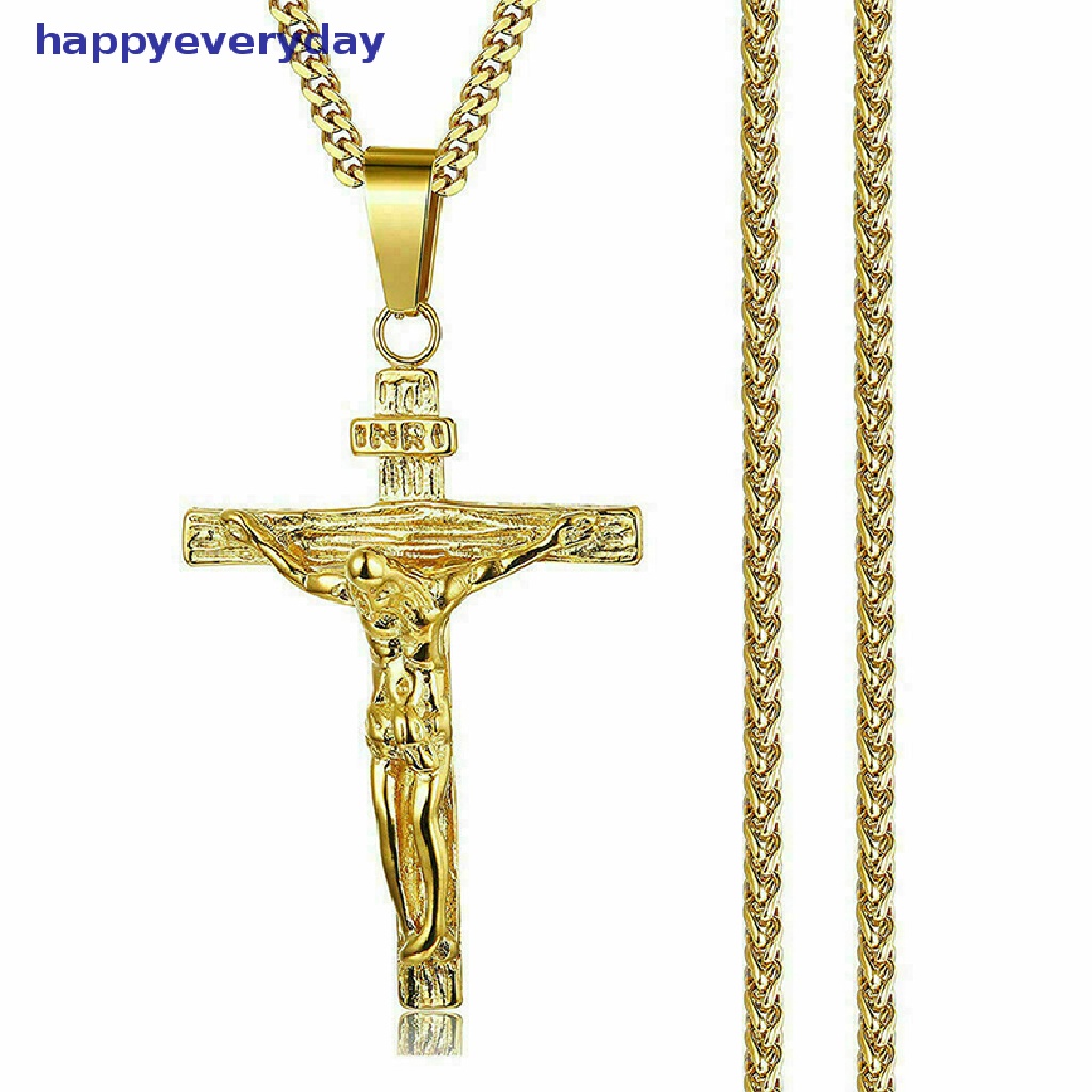 [happy] Mens Silver Stainless Steel Rantai Kalung Liontin Salib Yesus Kristus Salib [ID]