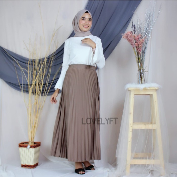 Rok Plisket Premium Quality / Rok Rempel Panjang / Rok hijab -14 warna - Mocca Tua