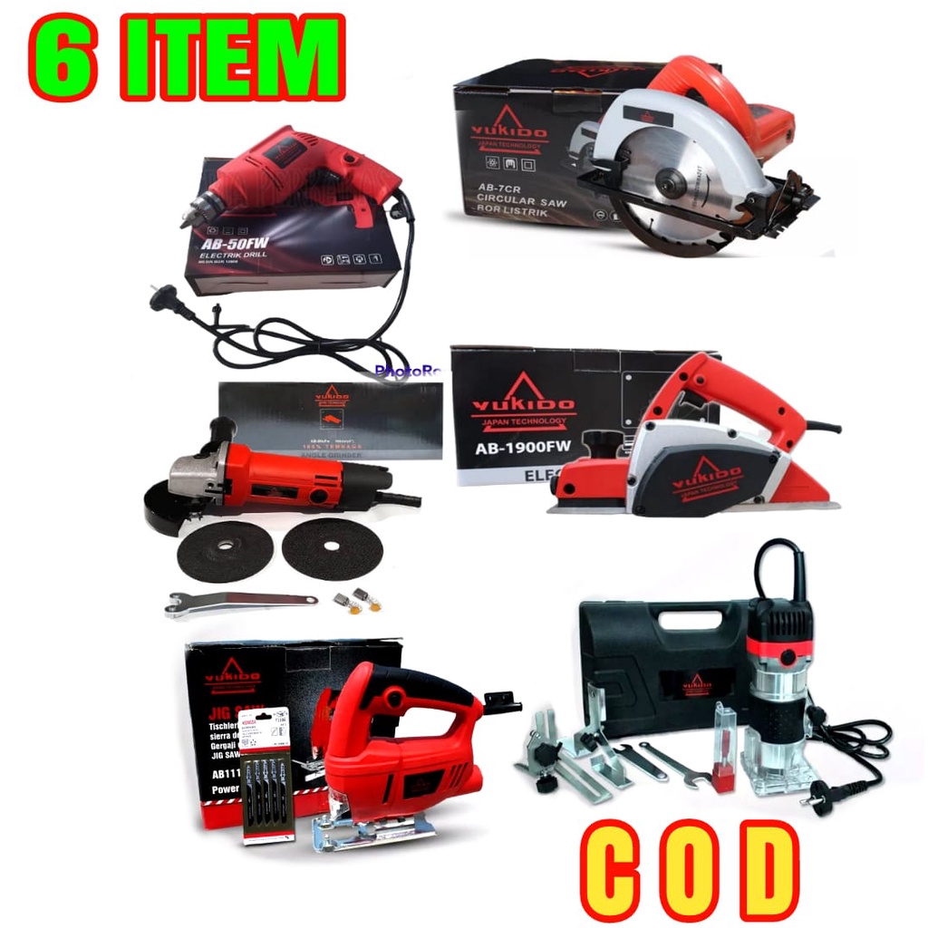 PAKET TUKANG KAYU LENGKAP , CIRCULAR SAW ,BOR 10MM , GERINDA ,PROFIL TRIMMER YUKIDO SATU SET MURAH BY YUKIDO TEKNOLOGI JAPAN