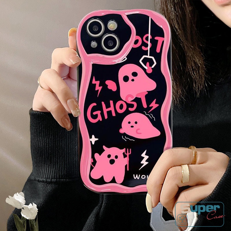 IPHONE Casing Ponsel Shockproof Kompatibel Untuk Iphone7 8 6s 6plus XR X13 14 11 12 Pro Max XS Max SE 2020 Lucu Lucu Pink Soul Ghost Glossy 3D Wavy Curved Edge Soft Tpu Cover