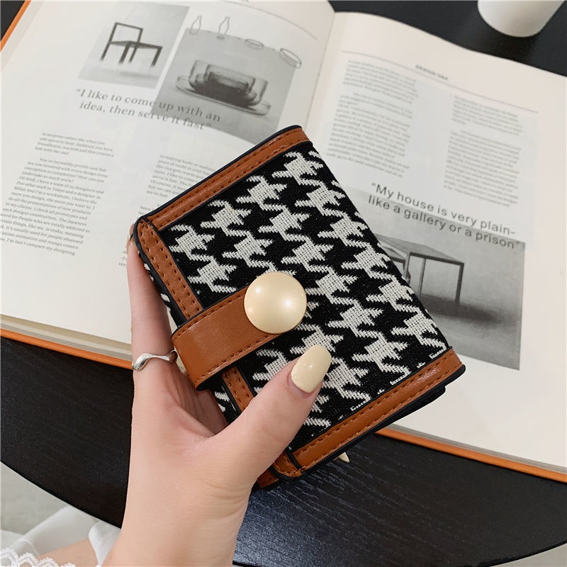 Sera baru kanvas houndstooth dompet kecil wanita paragraf pendek warna kontras lipat klip koin multi-kartu gesper tas genggam panjang