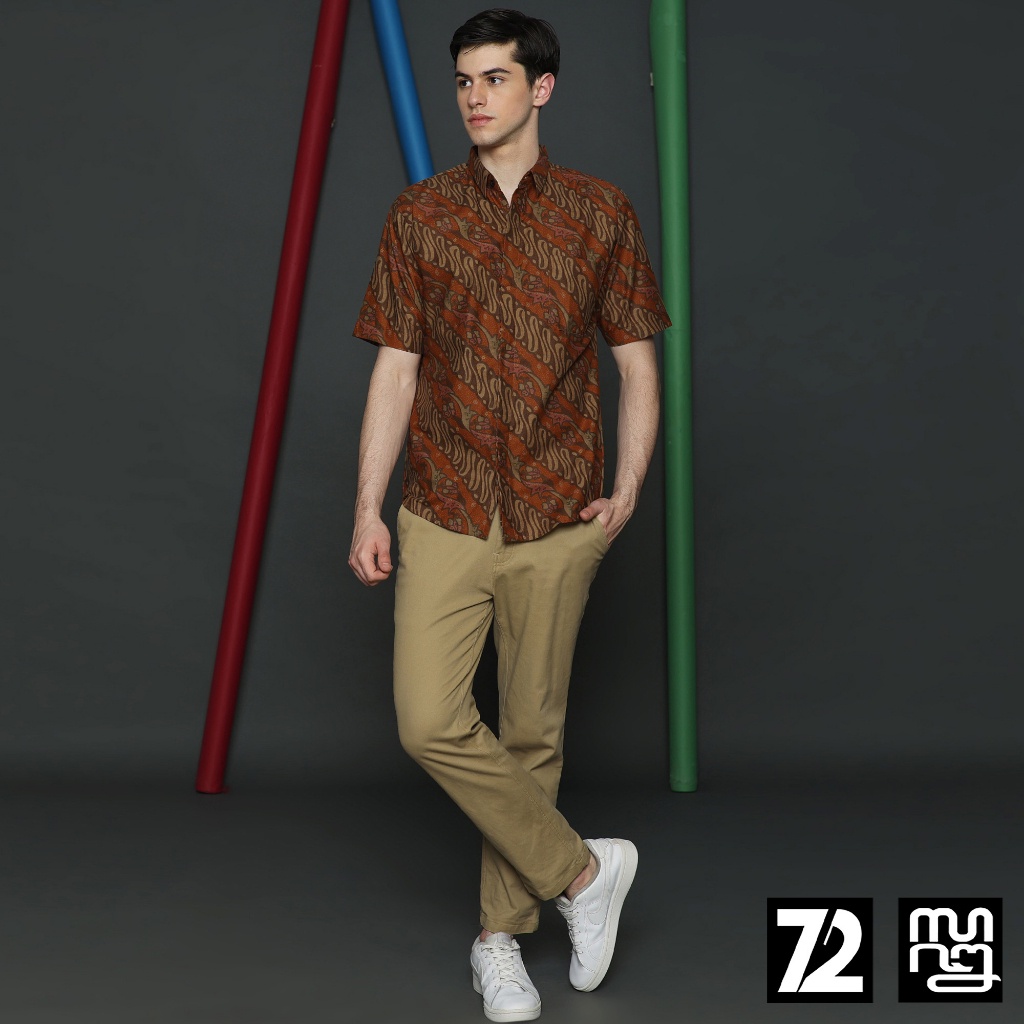 KEMEJA BATIK PRIA Lengan Pendek Motif Parang Warna Orange 723419 Cap 72 - Baju Kemeja Atasan Pakaian Setelan Batik Pria Cowok Laki Laki Remaja Keluarga Kantor Lengan Pendek Modern Slimfit Slim Fit Premium Kekinian