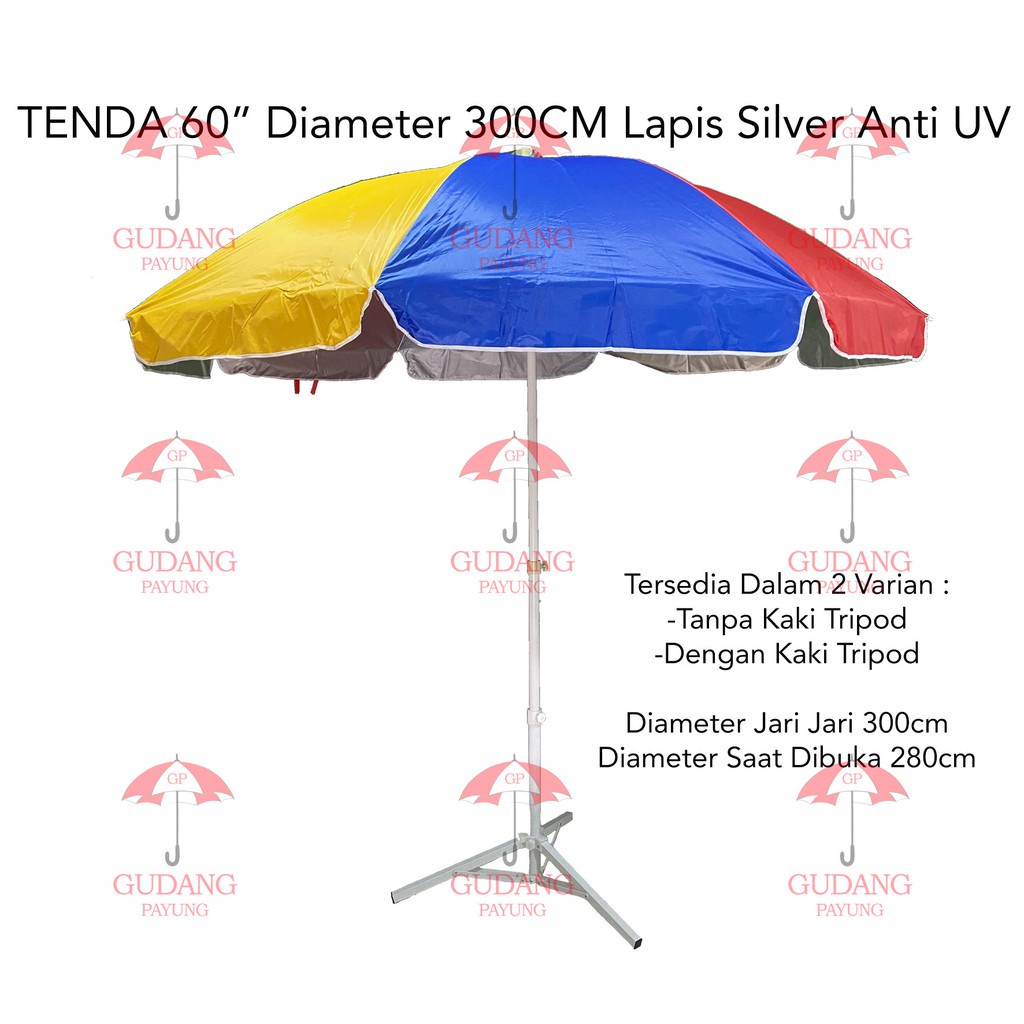 Payung Tenda Pantai Jualan 60 inch Diameter 300 cm ANTI UV DALAM LAPIS SILVER