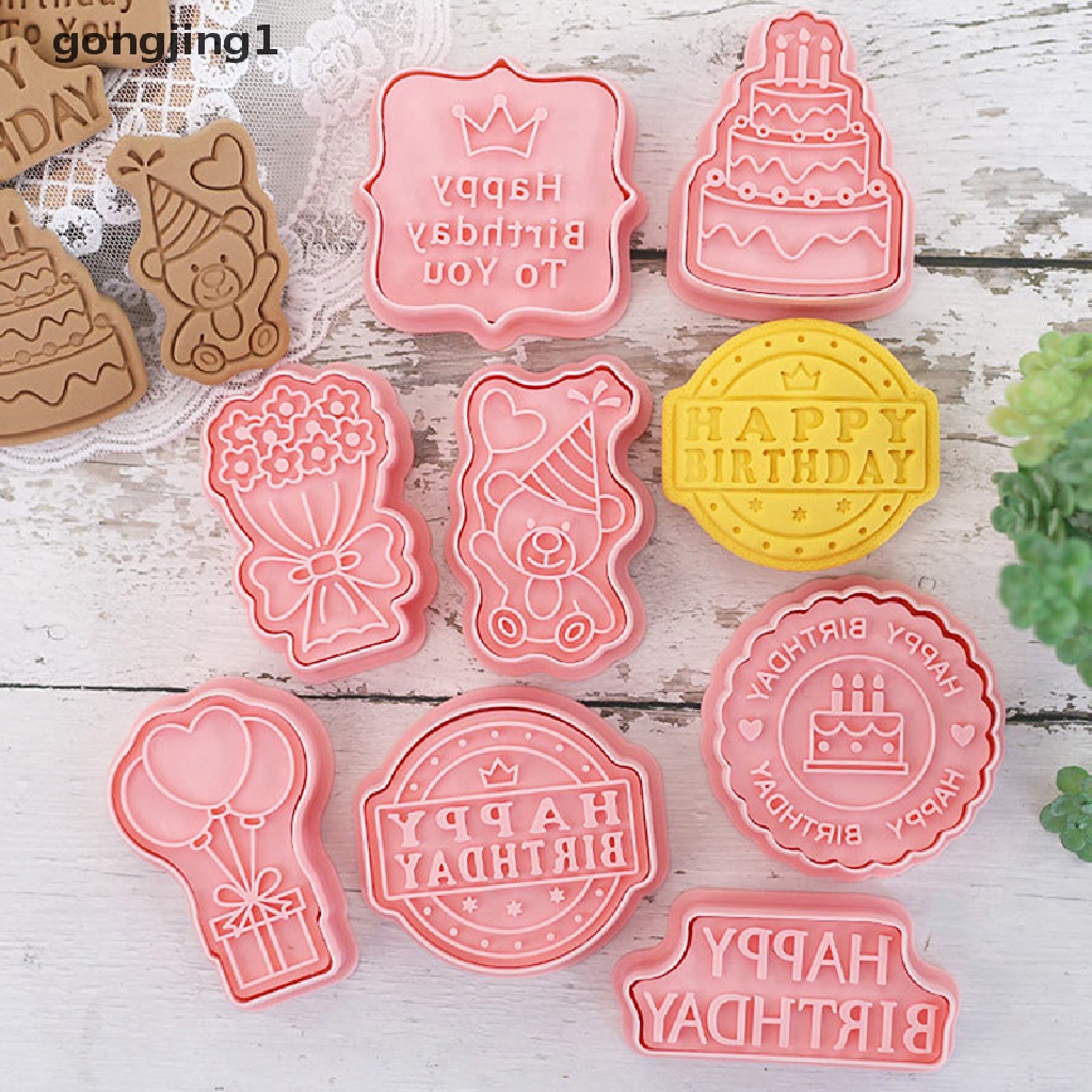 Ggg 8 Pcs/Set Ulang Tahun Tema Cookie Pemotong Plastik 3D Pressable Biskuit Cetakan Cookie Cap Dapur Baking Alat Pesta Ulang Tahun Anak Dekorasi ID