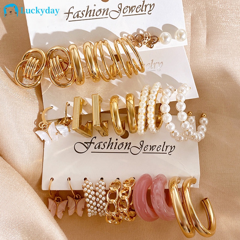 Yeezii Mutiara Emas Perak Hoop Earrings Drop Oil Twist Butterfly Bebek Lucu Jamur Anting set Untuk Wanita Perhiasan Aksesoris Elegan