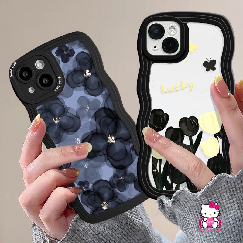 Casing Tpu Lembut Tepi Bergelombang Realme C53 C35 C20 C25 C33 C20A C30 C25Y C21Y C12 C25s C11 C17 C15 C3 5i 9i 8i 9Pro+5 10 9 8 8Pro 7 5s 7i 6i Lukisan Minyak Keberuntungan Tulip Bunga Biru Sarung