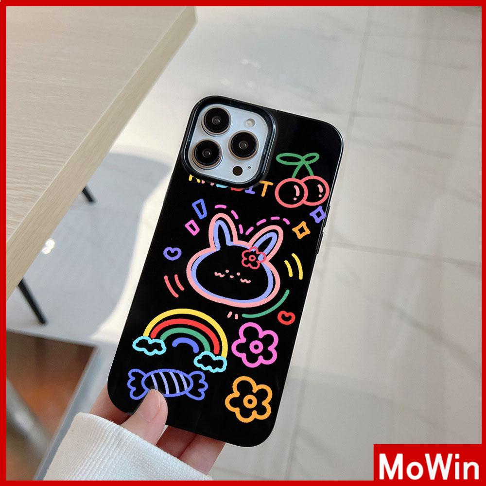 For iPhone 14 Pro Max iPhone Case Black Glossy TPU Soft Case Shockproof Protection Camera Cute Rainbow Bunny  Compatible with iPhone 13 Pro max 12 Pro Max 11 xr xs max 7Plus 8Plus