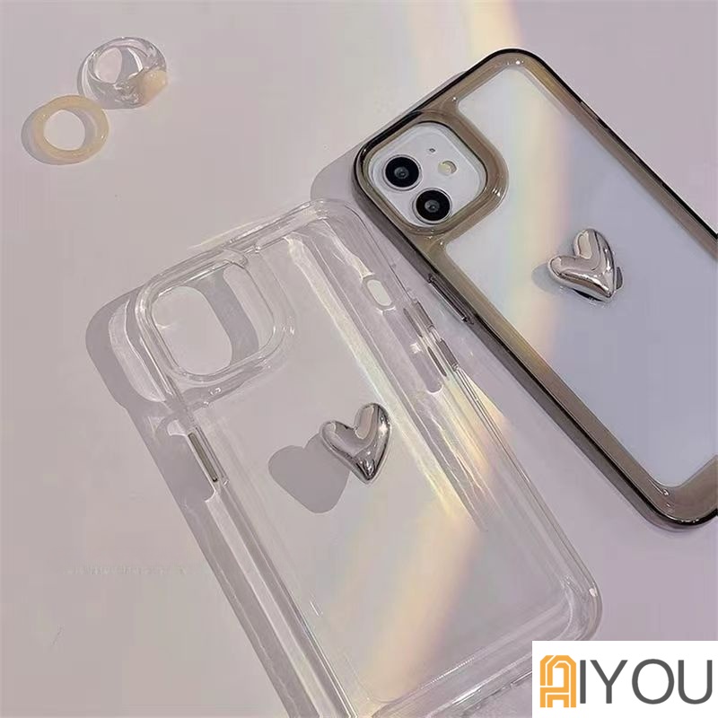 IPHONE Kartun 3D Plating Cinta Hati Beruang Casing Transparan Untuk Iphone14 13 Pro Max11 12 X XR XS 7 8 Plus Shockproof Bening Keras PC Cover