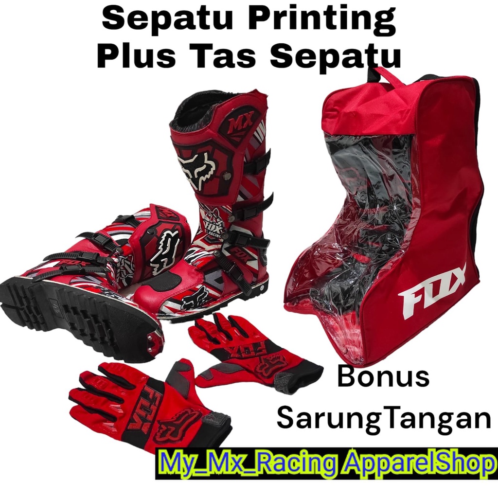 sepatu trail cross printing plus tas buat sepatu bonus sarung tangan satu set sepatu trabas or adventure dan tas satu set cocok dan keren sepatu gunung RED BLACK