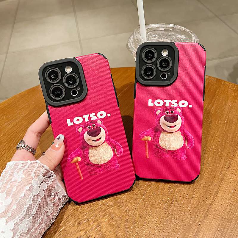 【Lamb Skin】So Cute Strawberry Bear LOTOSO Leather Soft Case for IPhone 7 Plus 8 Plus X XS XR XS Max 11 13 12 14 PRO Max 14 Plus for Girl Women's Gift casing hp Missconnie