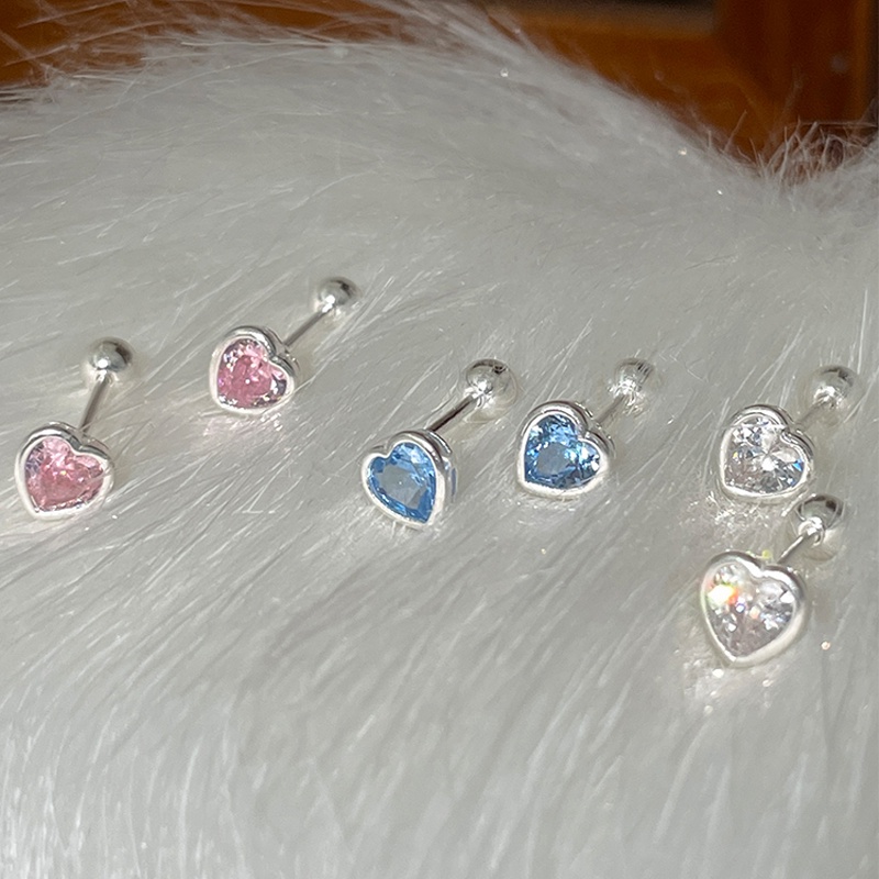 Papaozhu Chic S925 Perak Bersinar Pink Biru Zirkon Jantung Manik Stud Anting-Anting Untuk Wanita Perempuan Mewah Berkilau Kristal Peach Jantung Anting-Anting Manis Telinga Aksesoris