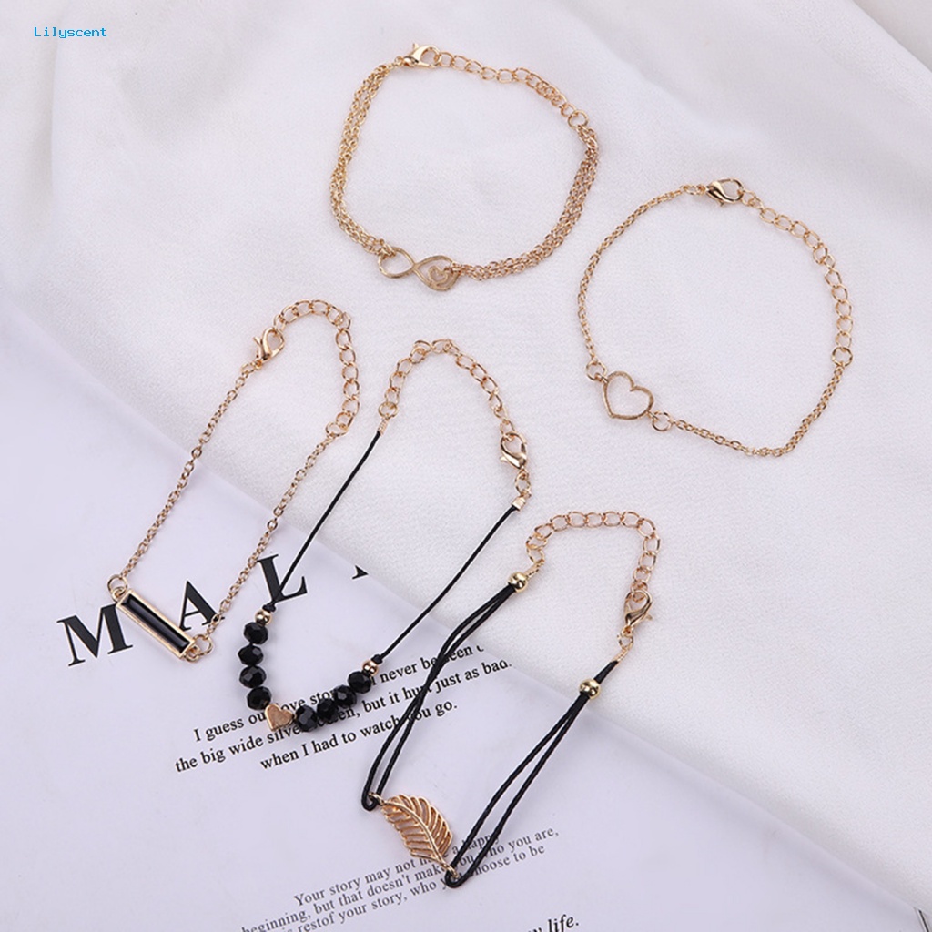 Lilyscent 5Pcs/Set Paduan Berlapis Gelang Perhiasan Aksesori Fashion Boho Geometris Daun Manik-Manik Berlapis Tangan Rantai Delapan Bentuk Liontin