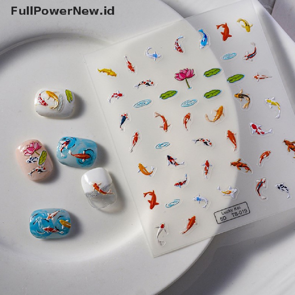 Power 5D Timbul Warna-Warni Lotus Daun Ikan Kecil Lembut Relief Nail Art Stiker DIY ID