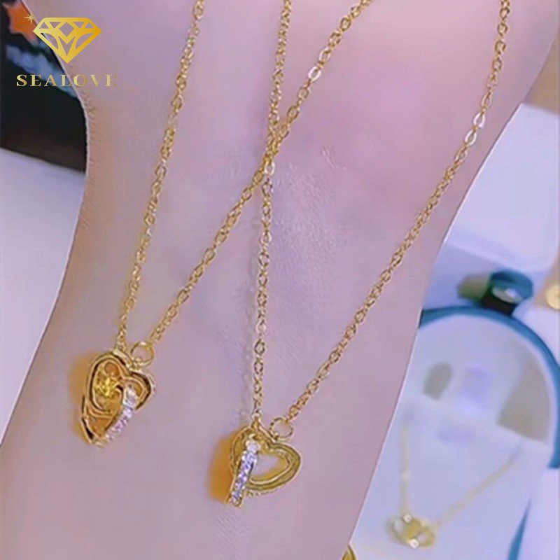 Hati Berlian Mewah Kalung Titanium Wanita Anti Karat Emas 18K Perhiasan Wanita Fashion Korea