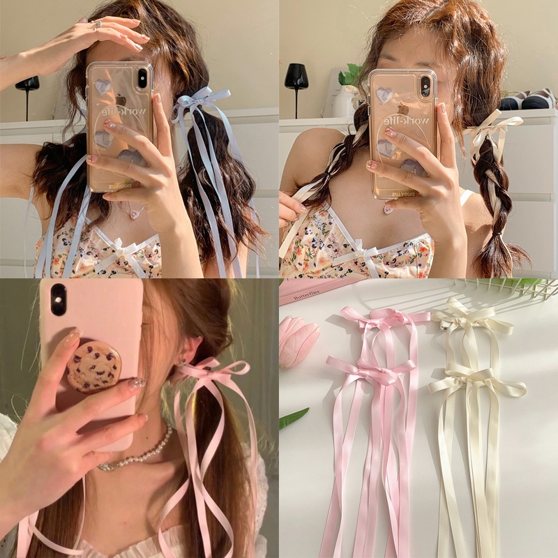 2pcs/set Korea Busur Pita Rambut Klip Gadis Manis Panjang Pita Dikepang Jepit Rambut Wanita Aksesoris Rambut