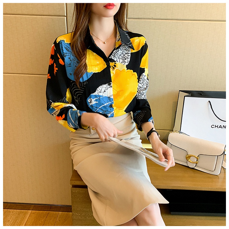 2023 COD New Fashion Korean Black Yellow Print Casual Work Long Sleeve Women Shirt Kemeja Wanita Lengan Panjang