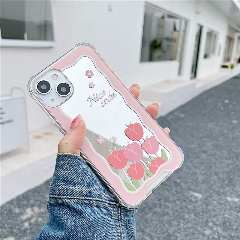 [Anti Jatuh Cermin] Pretty Makeup Silikon Soft Case IPhone 6S 7 8 Plus X XR XS Max IPhone 11 12 13 14 Pro Max 14 Plus 7+8+12 13 mini Wanita Cewek Pretty Nice Soda Bunga Tulip