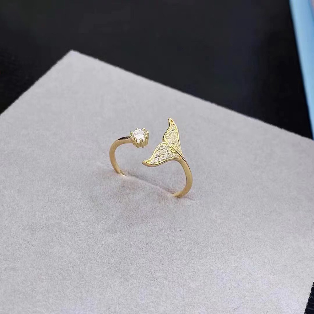 S925 Perak Emas Wanita Ikan Ekor Baja Titanium Berlian Zirkon Cincin Ukuran Yang Dapat Disesuaikan Aksesoris Fashion