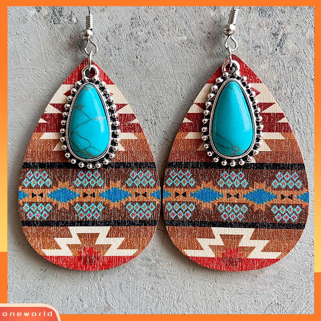 [EONE] 1pasang Anting Menjuntai Bohemian Retro Gaya Etnik Imitasi Turquoise Aztec Pola Dress Up Hadiah Wanita Water Drop Pendant Earrings Boho Perhiasan